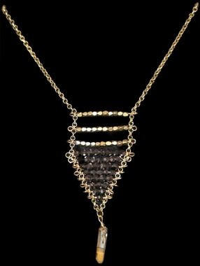 Triangle Necklace with Dark Brown Beads and Quartz Drop